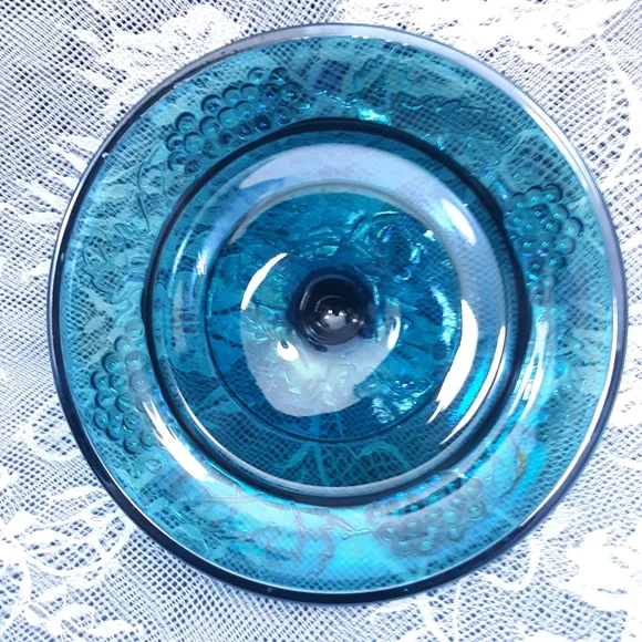Indiana Blue Iridescent Carnival Glass Pedestal Compote Harvest Grape Purple Lid - Picture 15 of 16